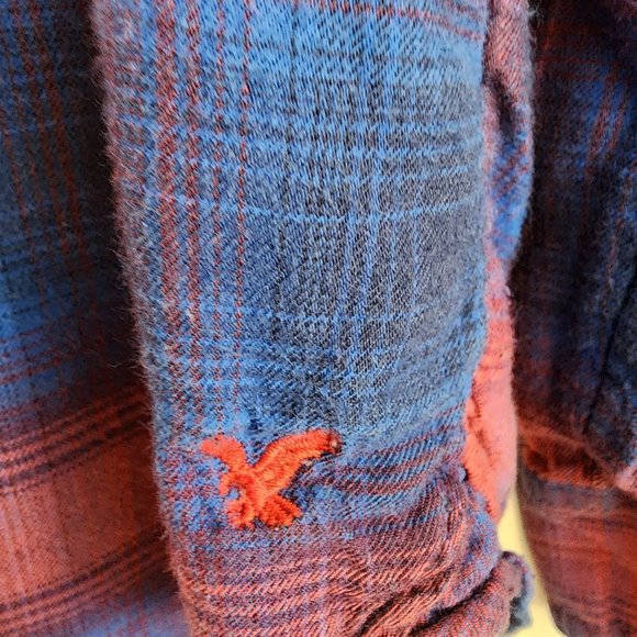 American Eagle Vintage Boyfriend Plaid Top PS Button Shirt Blue Red Flannel - Picture 6 of 16